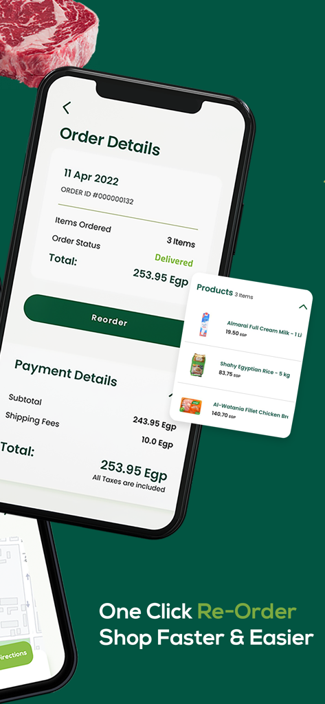 Un smartphone affichant la page historique des commandes de Seoudi Supermarket avec une option de réorganisation et une liste de produits