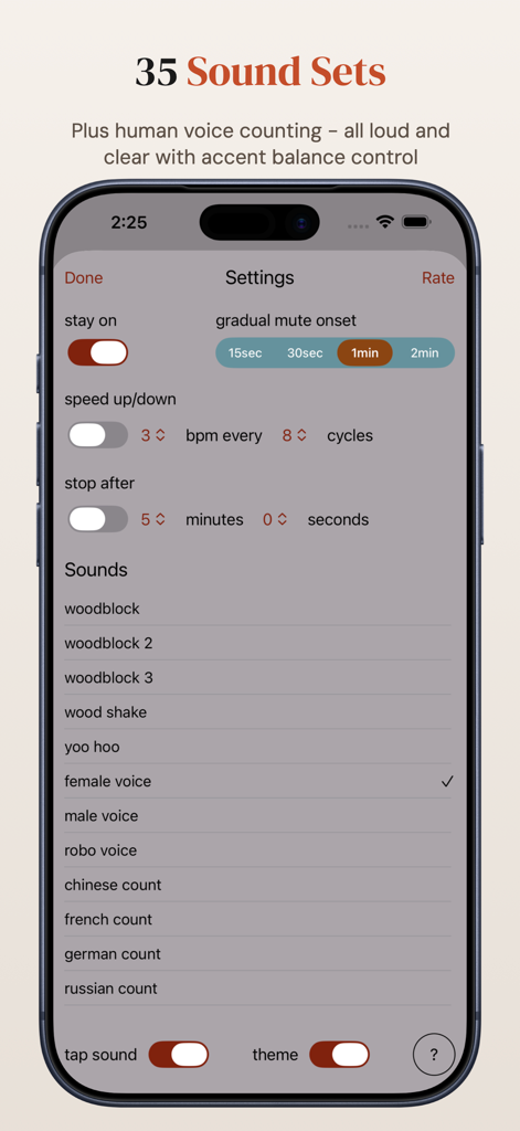 Time Guru Metronome settings screen showcasing various sound sets and voice counting options