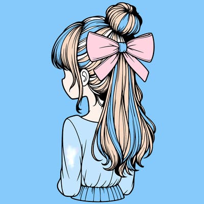 realistic girl  with hip length hair a bun and a big bow on the back of head
