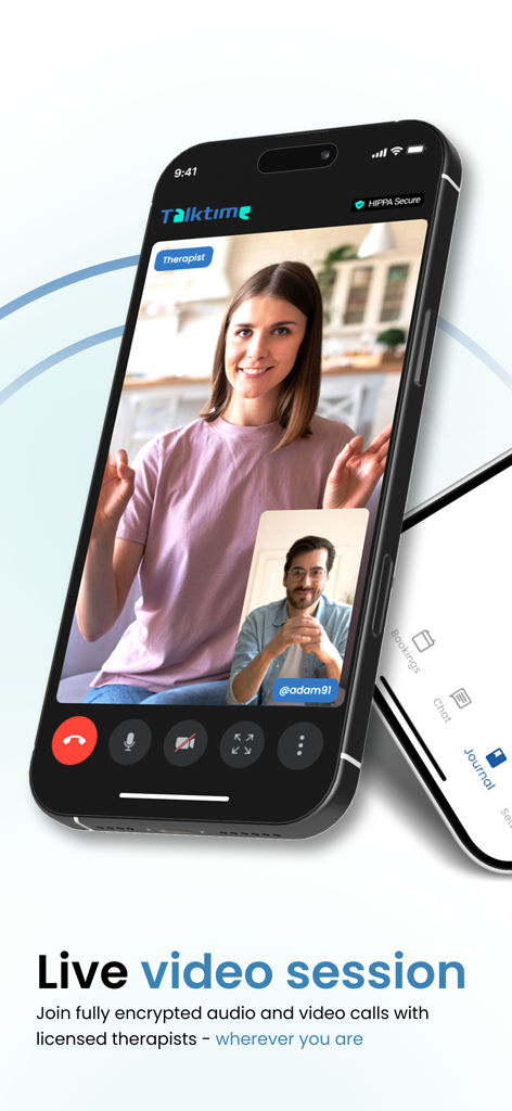 A smartphone displaying a live video therapy session between a therapist and a client.