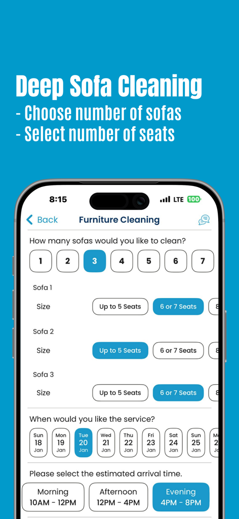 CleanLine - CleanLine app interface for selecting sofa cleaning quantity and scheduling arrival time