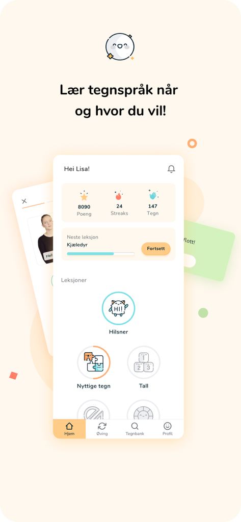 노르웨이 수어 학습을 위한 Toleio 앱 홈 화면. 진행 상황 통계와 학습 경로가 표시됩니다.