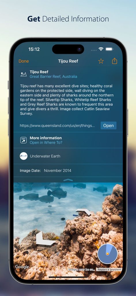 Streets - Street View Browser - Una pantalla de iPhone que muestra información detallada y un panorama submarino de Tijou Reef en la aplicación Streets.