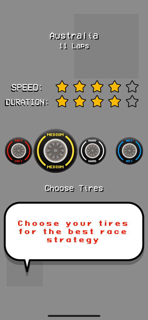 Pantalla de selección de neumáticos en Formula 11 Mini Racing que muestra opciones de estrategia de neumáticos blandos, medios, duros y mojados para una carrera en Australia