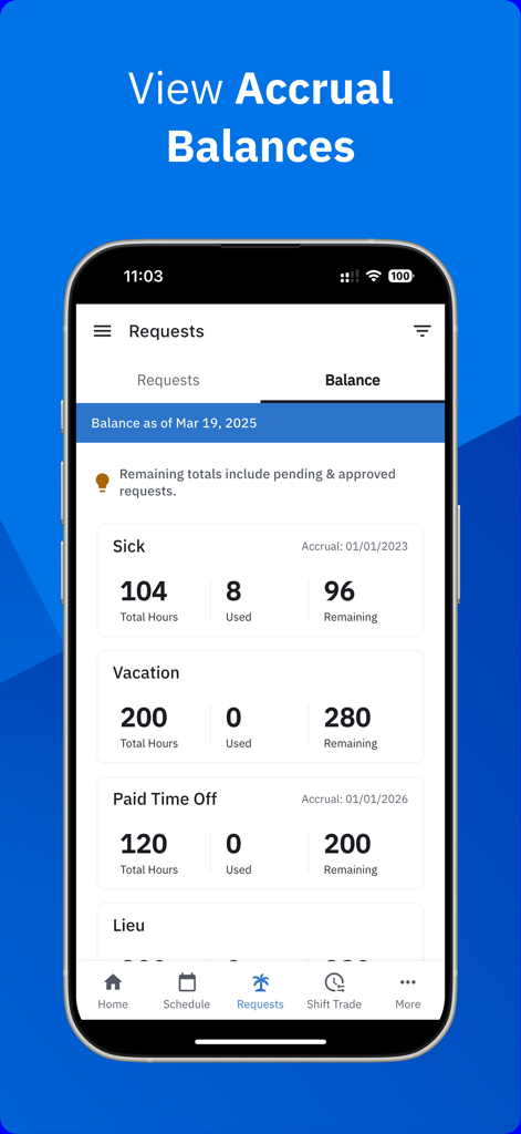 Workcloud Shift app interface showing employee accrual balances for sick leave and vacation
