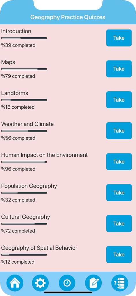 Science : Learn Geography - Geography practice quizzes screen showing study topics and completion progress bars
