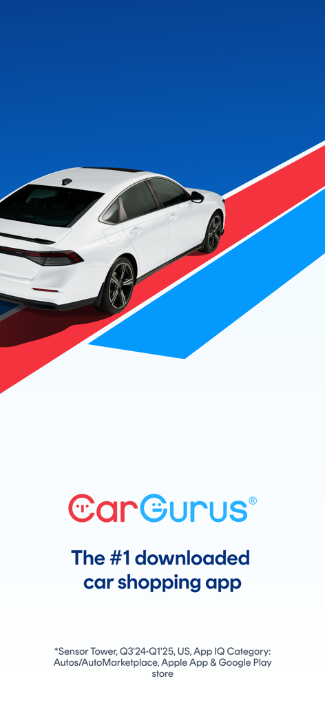 CarGurus: Used & New Cars - CarGurus app promotional screen with a white car and text stating it is the number one downloaded car shopping app