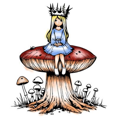 realistic girl sitting on a huge tree stump size toadstool with thorn crown