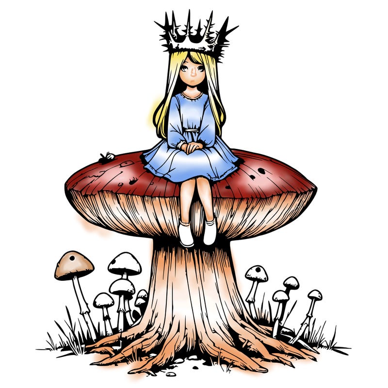 realistic girl sitting on a huge tree stump size toadstool with thorn crown