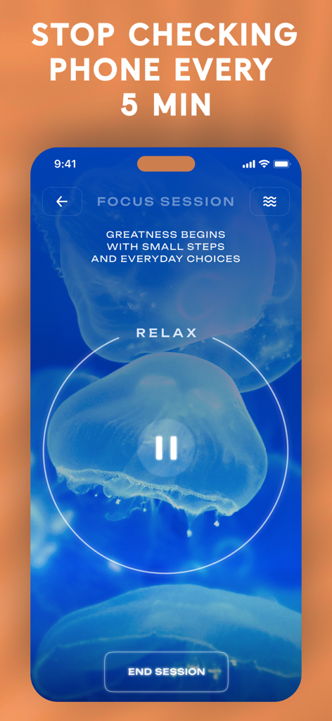 Focus session screen of the Screen Time Blocker app with a jellyfish background and motivational quote for digital detox.