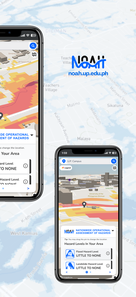UP NOAH - A interface do aplicativo UP NOAH mostrando níveis interativos de perigo de inundações e deslizamentos de terra em uma tela de smartphone.