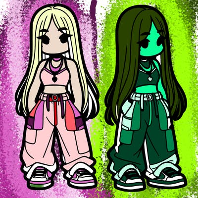 girl in baggy pants crop top and long hair