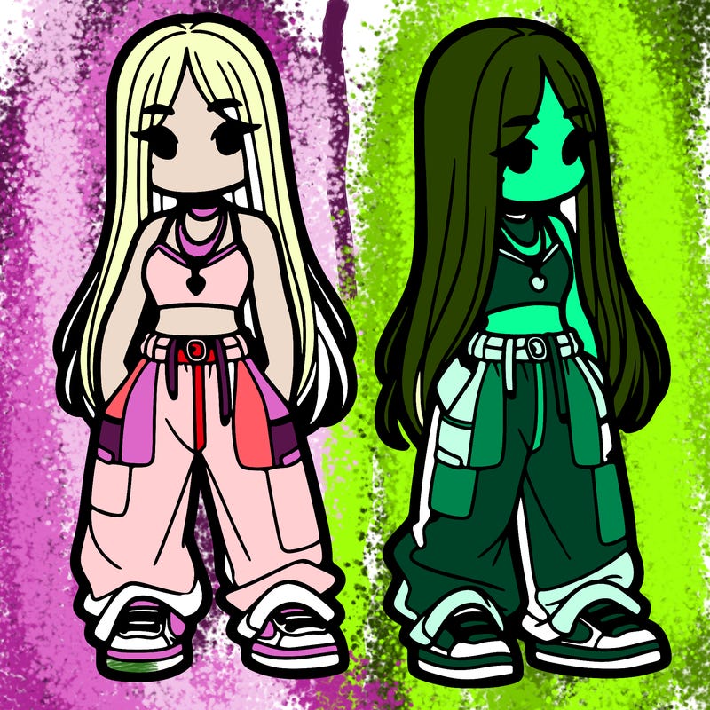 girl in baggy pants crop top and long hair