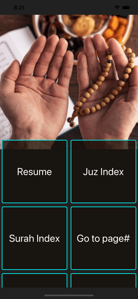 Tajweed Al Quran Kareem 16 Lin - Main menu of Tajweed Al Quran Kareem app showing navigation options for Resume, Juz Index, and Surah Index