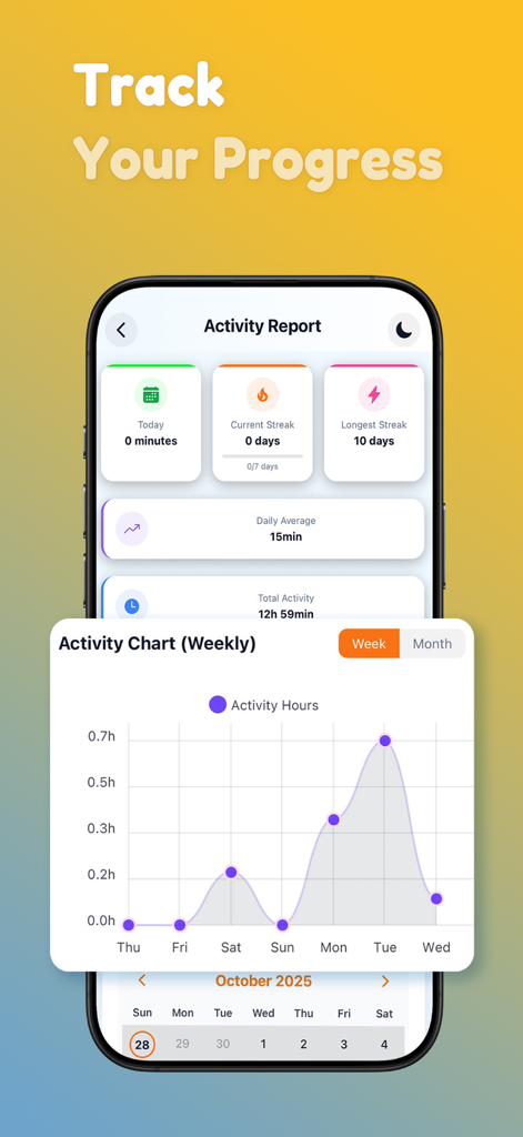 Hello German - Learn German - Tela de relatório de atividades do aplicativo Hello German mostrando sequências de estudo e gráficos de progresso semanais