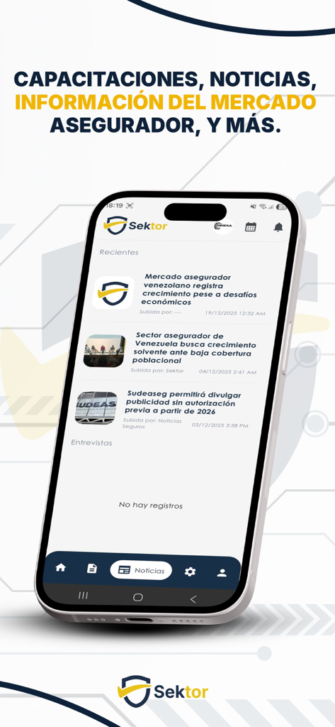 Sektor app interface showing the latest insurance industry news and market information in Spanish.