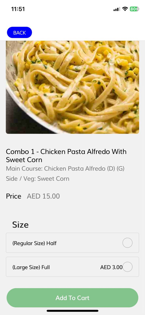 Chicken pasta alfredo meal ordering screen on Kalo Hospitality app