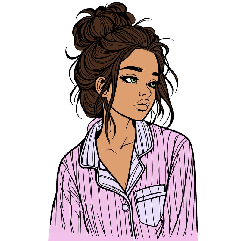realistic woman with pajamas on and a messy bun