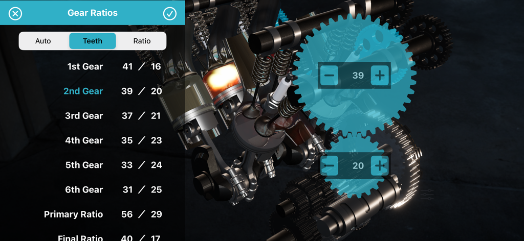 Trans4motor R - Interface do Trans4motor R mostrando configurações de relação de engrenagem e componentes do motor 3D