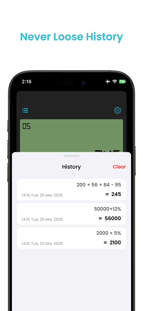 Citizen Calculator ⁺ - History screen of Citizen Calculator app showing previous calculations and totals.