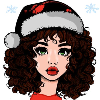 realistic girl with a santa hat curly hair and lips