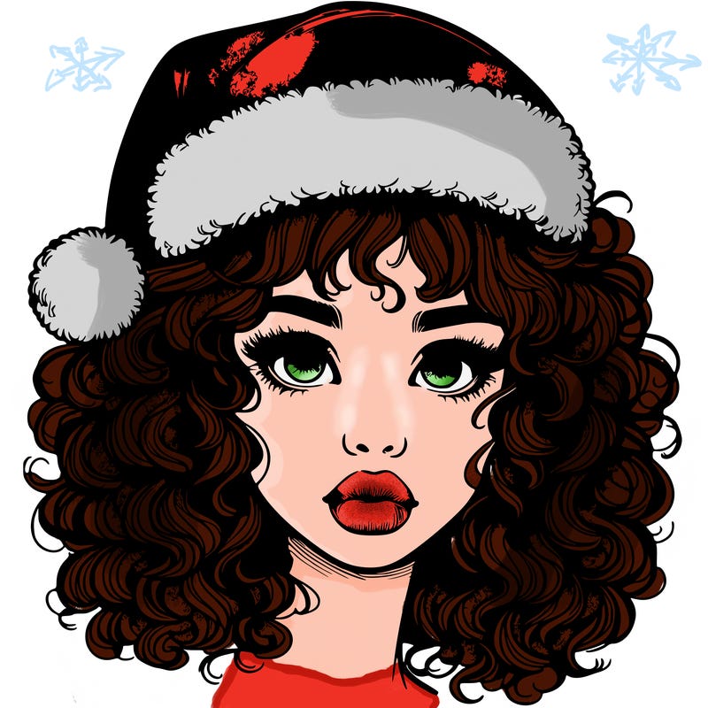 realistic girl with a santa hat curly hair and lips