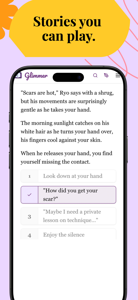 Bildschirm der Glimmer-App, der eine interaktive Fanfiction-Geschichte mit Dialogen und mehreren Auswahlmöglichkeiten für den Spieler zeigt