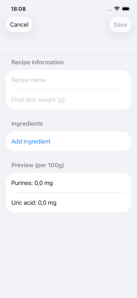Interface for creating a custom recipe and calculating purine and uric acid levels per 100g in PuriCalc