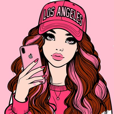 realistic beautiful girl wearing los ángeles cap holding an iphone