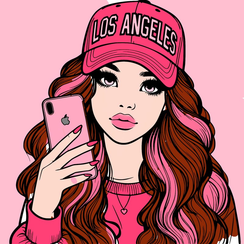 realistic beautiful girl wearing los ángeles cap holding an iphone