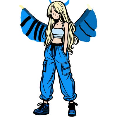 girl in baggy pants crop top and long hair