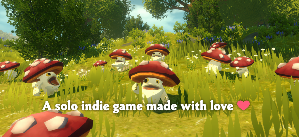 A group of cute mushroom creatures in a sunny grassy field from the indie game Wilderless