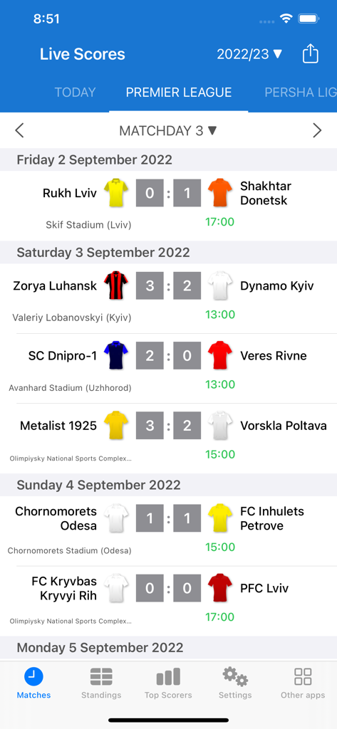 Ukrainian Premier League Live - Mobile app screenshot showing live match results and football scores for the Ukrainian Premier League.