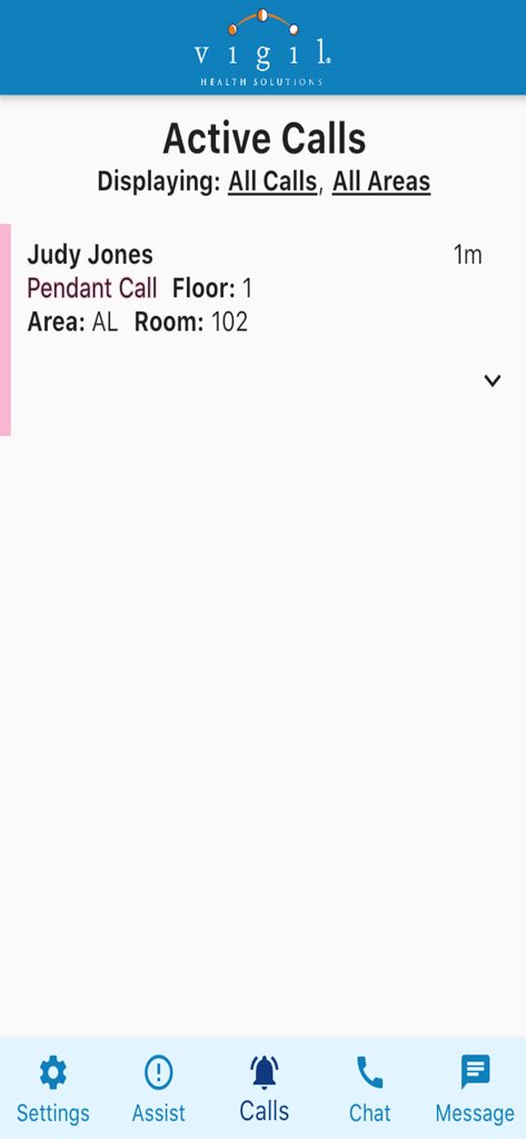 Vigil Mobile - Vigil Mobile app screen displaying an active emergency call notification from a resident in a senior care facility