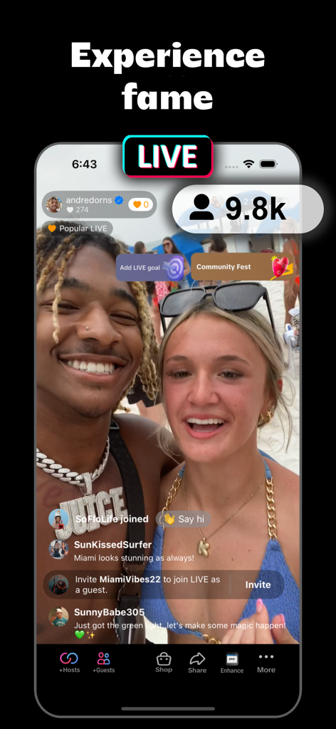 Go Live Simulator - A simulated live streaming screen from the Go Live Simulator app showing two people on camera with 9.8k virtual viewers and AI comments.