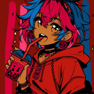 hot baddie anime girl drinking boba and biting the straw