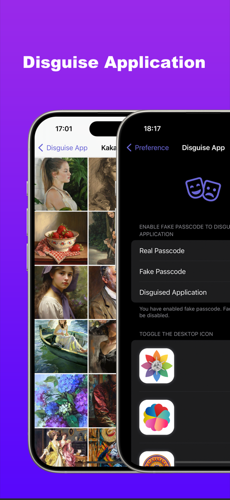 Private Photo Vault - Kakabox - Interface of Kakabox app showing disguise features with fake passcode and customizable desktop icon options