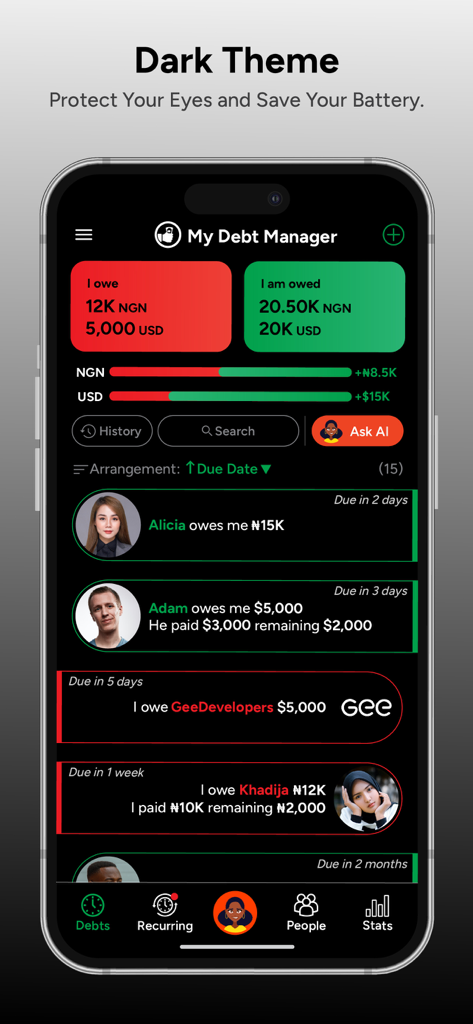 My Debt Manager app interface in dark mode displaying debt tracking and summary balances