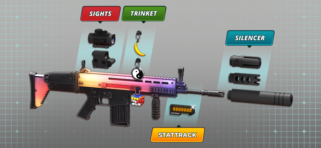 POLYWAR: 3D FPS online shooter - POLYWAR weapon customization screen showing various sights, trinkets, silencers, and a stattrack counter for a colorful rifle skin