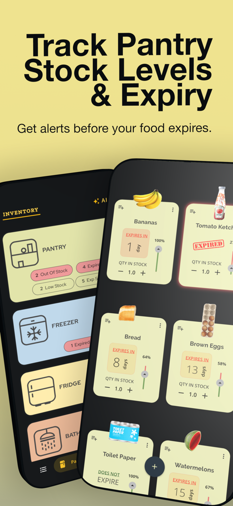 Grocery AI - Grocery AI app interface showing pantry stock levels and food expiration alerts