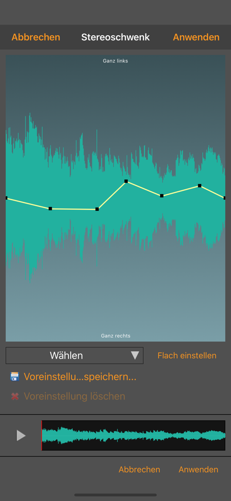WavePad Musik & Audio Editor - Interfaz de la herramienta de panorama estéreo del editor de audio móvil WavePad con una visualización de forma de onda.