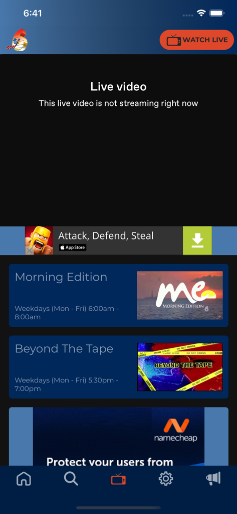 CCN TV6 - CCN TV6 app interface showing live video status and schedule for programs like Morning Edition and Beyond The Tape