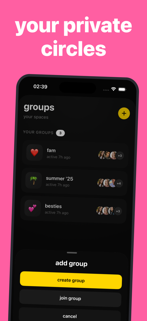 tjub: private group grid - 그룹을 만들거나 참여할 수 있는 메뉴와 함께 비공개 소셜 서클 목록을 표시하는 tjub 앱의 인터페이스