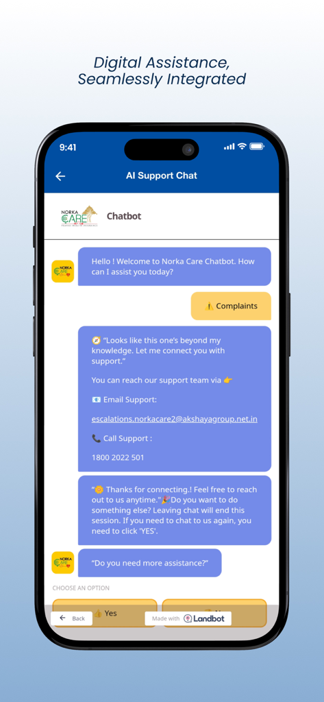 Norka Care Plus app AI support chat screen showing chatbot messages and customer service contact information