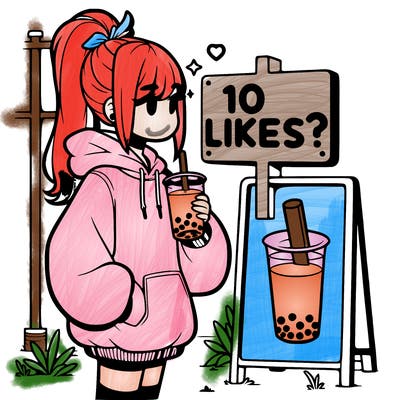 girl with oversized hoodie drinking boba and she has a high ponytail with a sign that says 10likes?