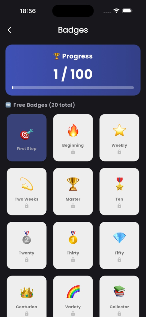 21 Days – AI Challenge - Pantalla de insignias en la aplicación 21 Días Desafío IA que muestra logros desbloqueados y bloqueados