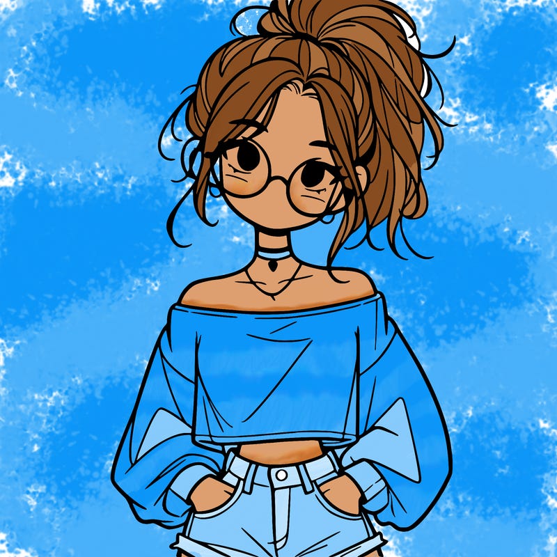 girl with a messy ponytail glasses a baggy crop top and jean shorts