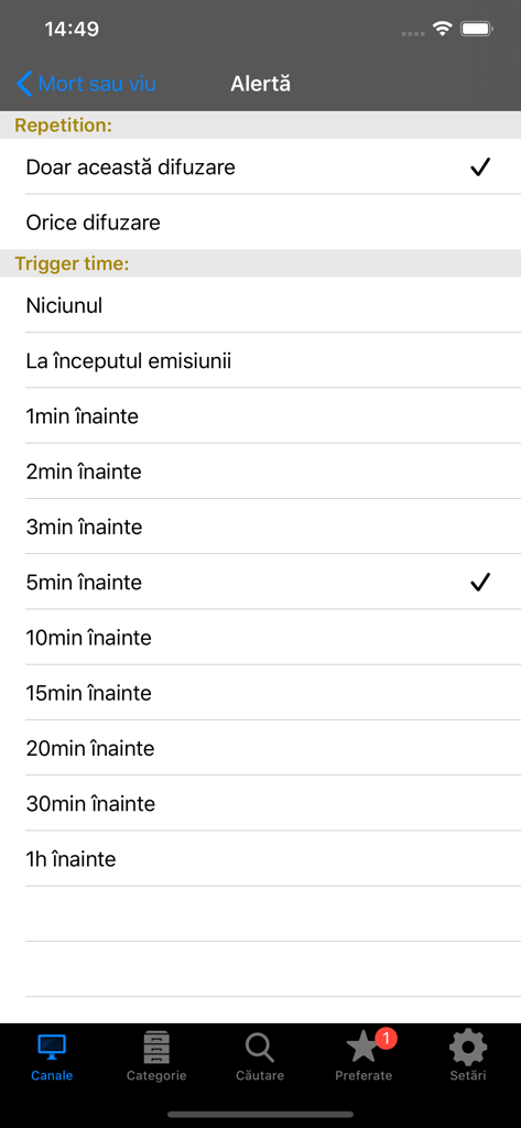 Pantalla de configuración de alertas de la aplicación Horario de TV Rumana con opciones para la repetición del recordatorio del programa y la hora de activación.