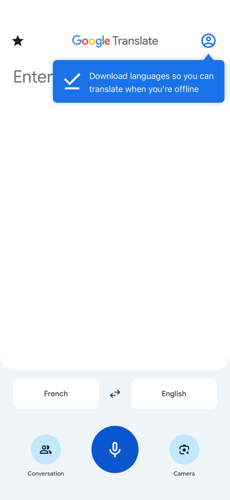 Écran d'accueil de l'application Google Traduction affichant un message pour télécharger des langues pour une utilisation hors connexion