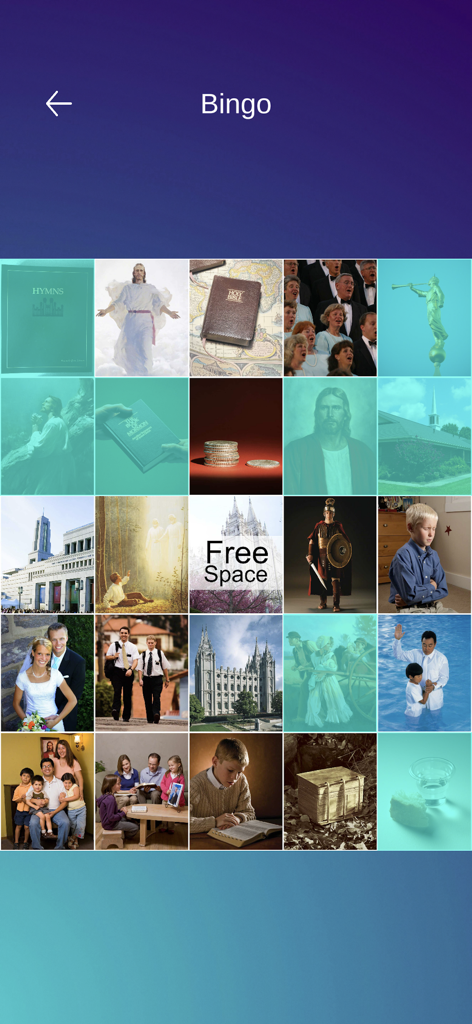 An interactive LDS themed bingo game screen featuring religious imagery and symbols for children